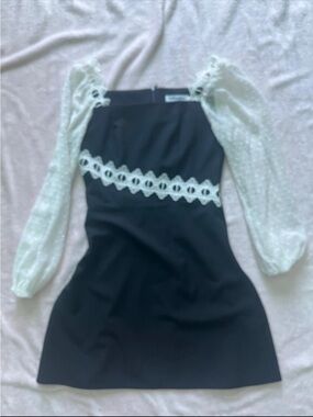 Black Dress with White Lace Band and Sheer Puff Sleeves